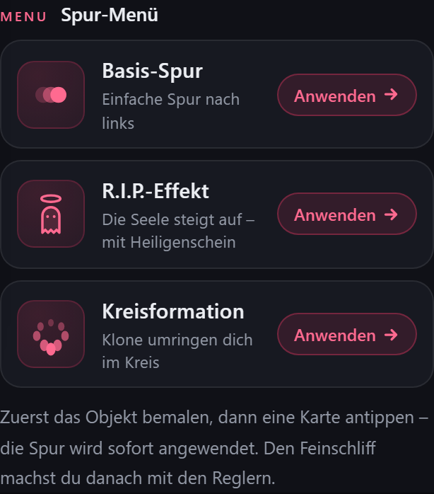 Die drei Karten des Spur-Menüs
