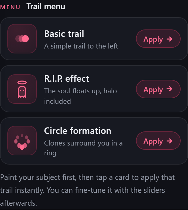 The three cards of the trail menu