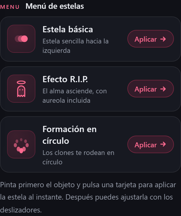 Las tres tarjetas del menú de estelas